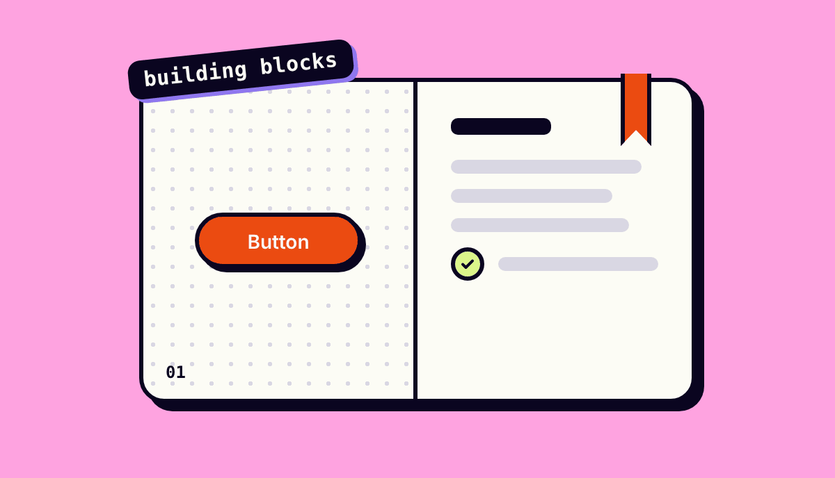 Open building blocks guide showing a button component on one page and its usage notes on the other