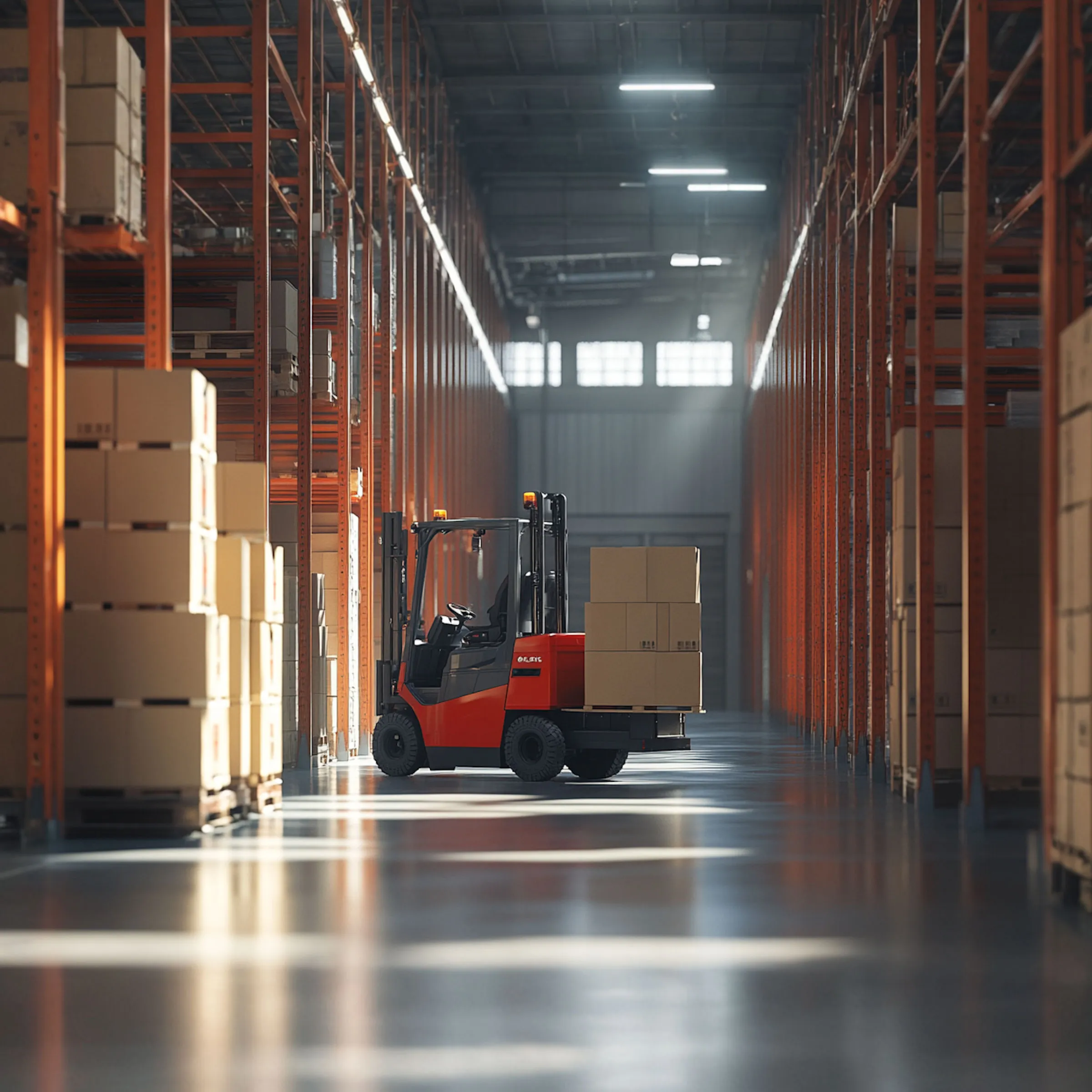 Forklift carrying stacked cardboard boxes in a large, well-lit warehouse aisle with tall orange shelving.