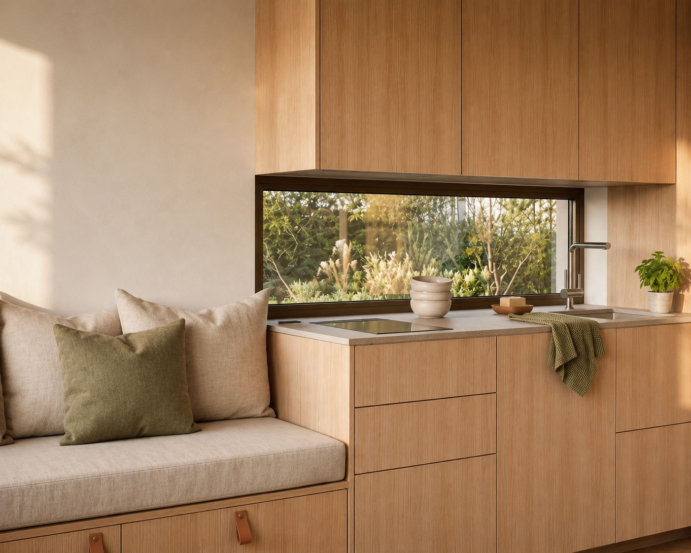 Cocina de madera y banco junto a la ventana en el Open Studio, casa modular de Caos. "Habitar Distinto"