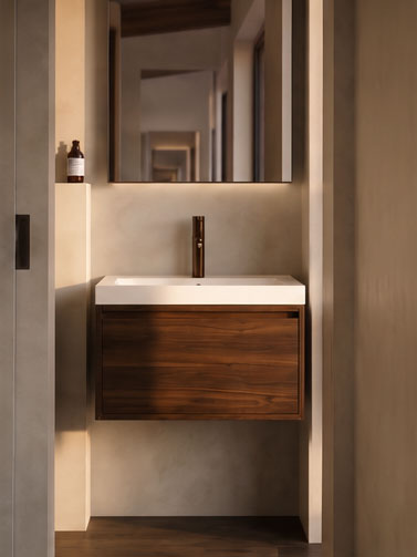 Baño de Capsule con lavabo de madera. "Habitar Distinto"