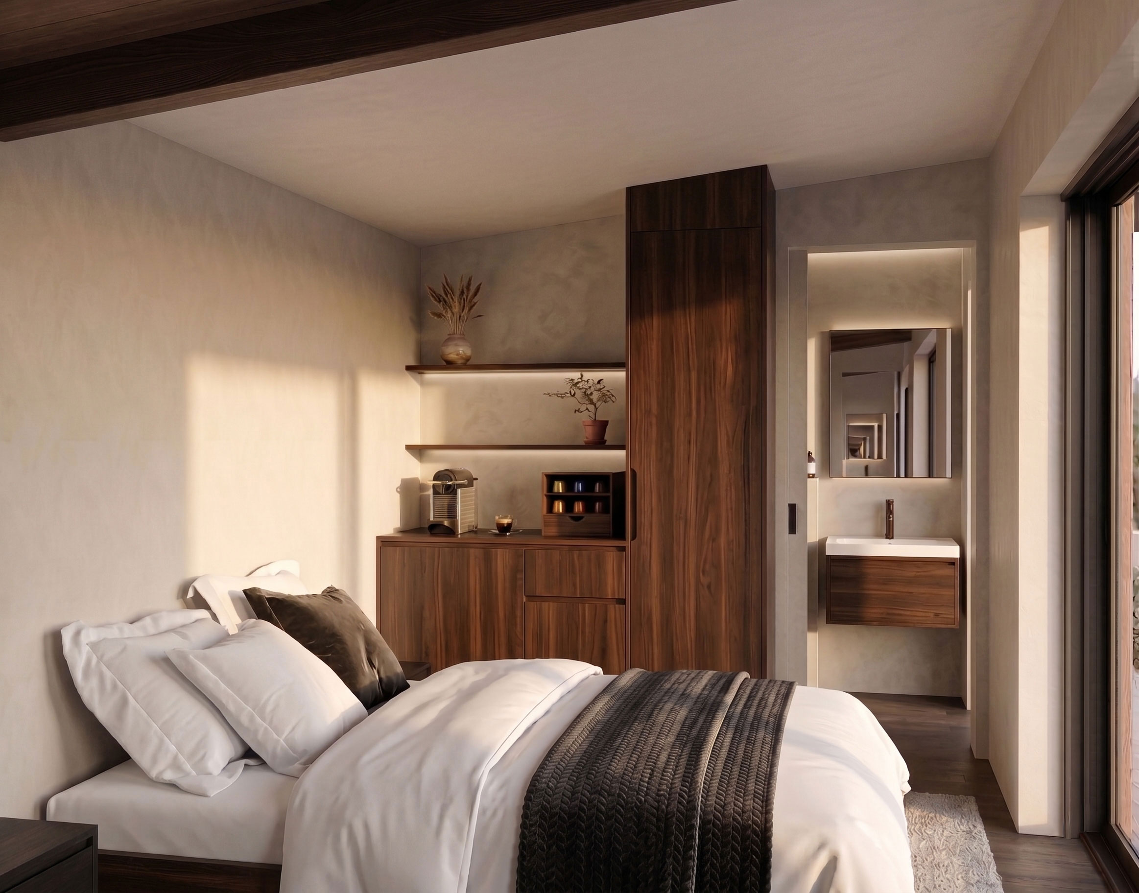 Interior de Capsule con cama doble y baño privado. "Habitar Distinto"