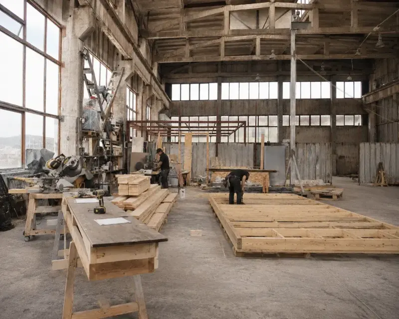 Taller de construcción en madera con un entramado ligero de madera en fabricación. "Habitar Distinto"
