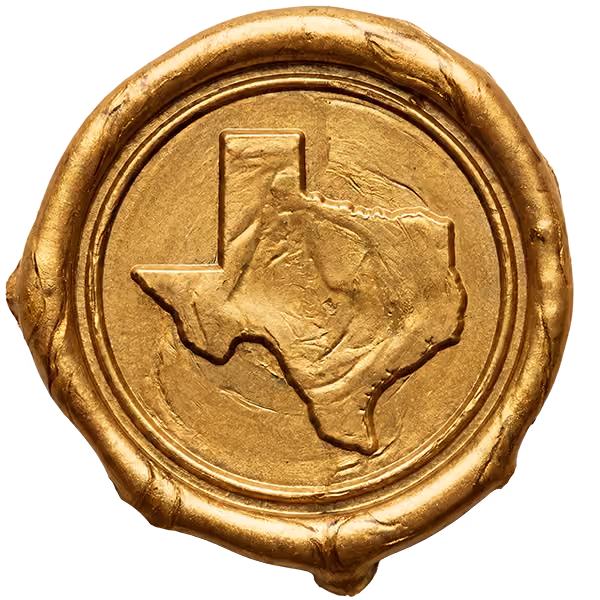 Gold wax seal with an embossed outline of the state of Texas in the center.