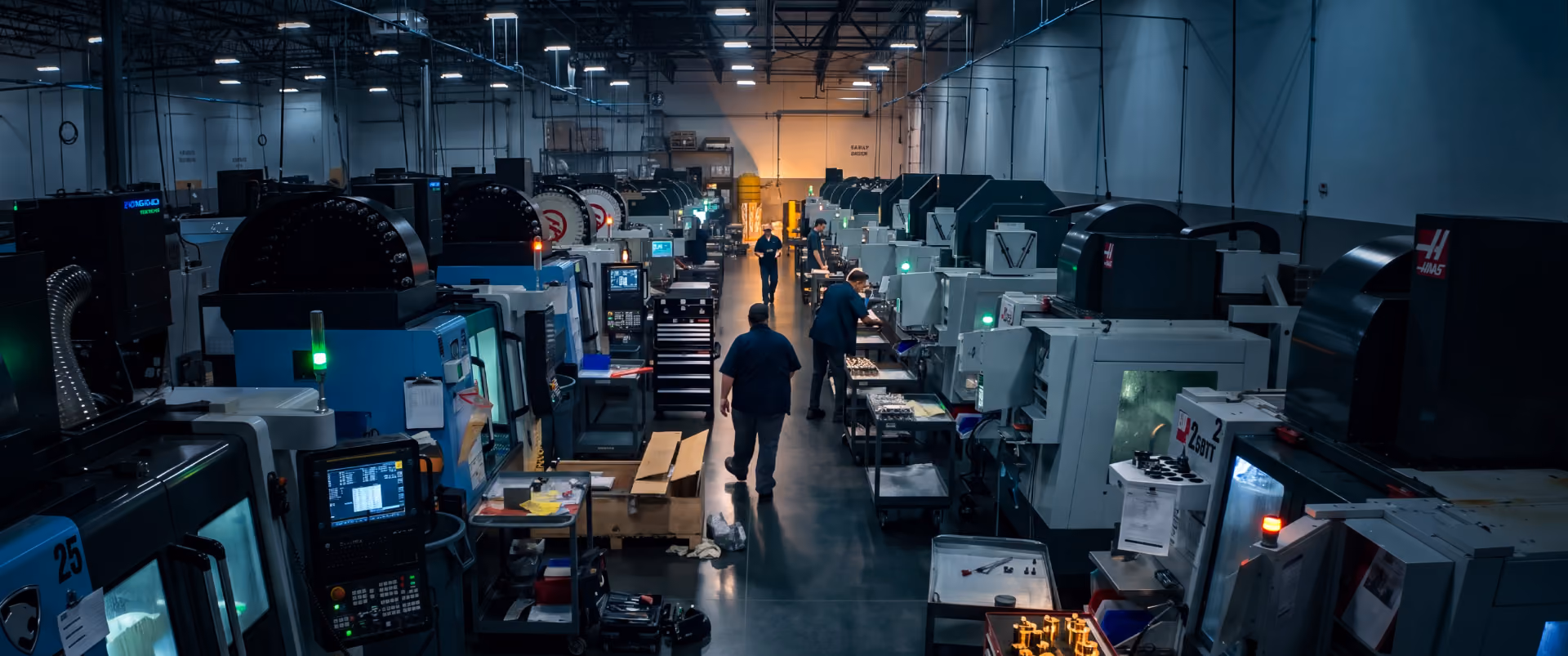 Wide view of a factory floor with rows of CNC machines and workers operating them.
