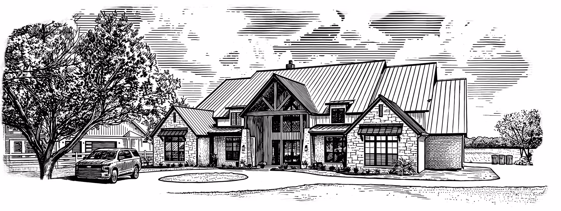 Line drawing of a two-story house