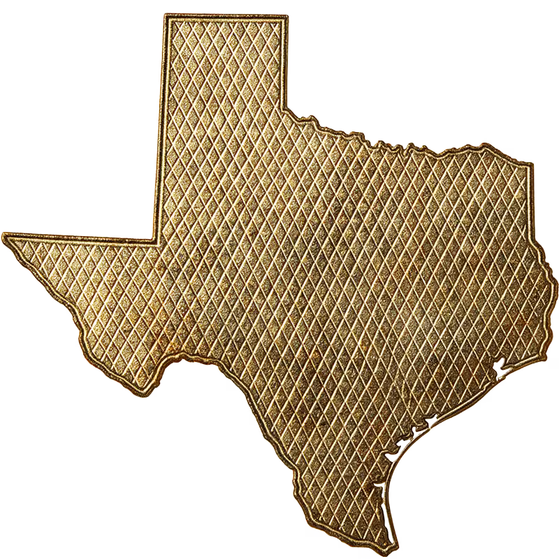 Gold textured, diamond-patterned silhouette of the state of Texas on a white background.