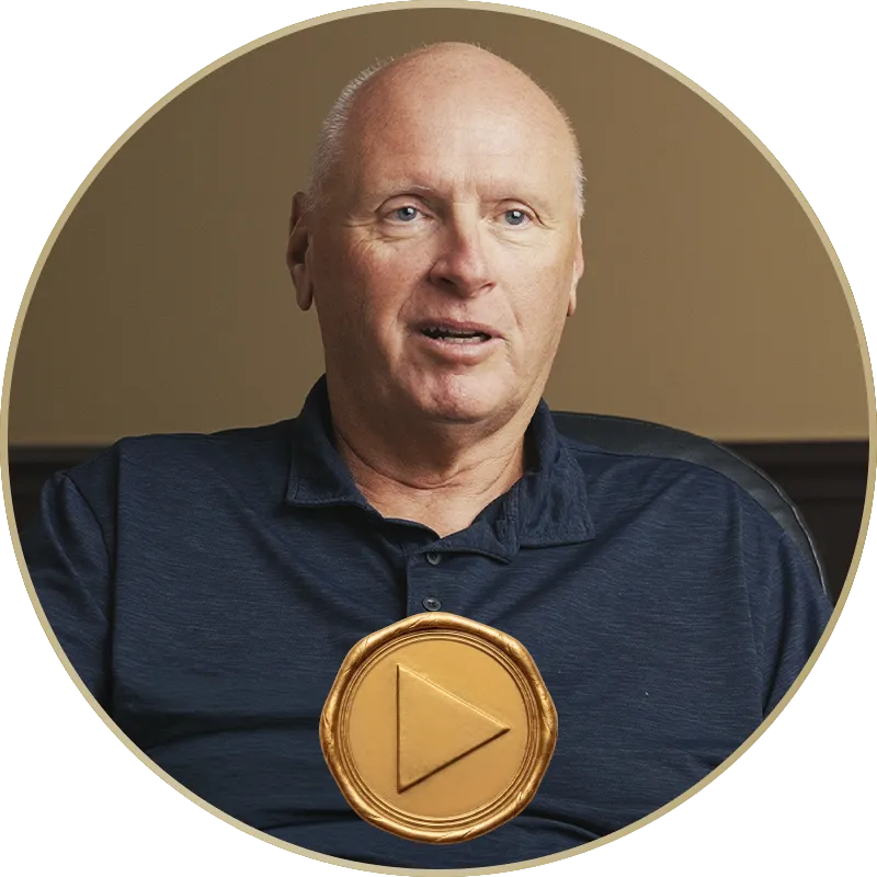 Richard Foley, CEO, video testimonial thumbnail with a gold play button
