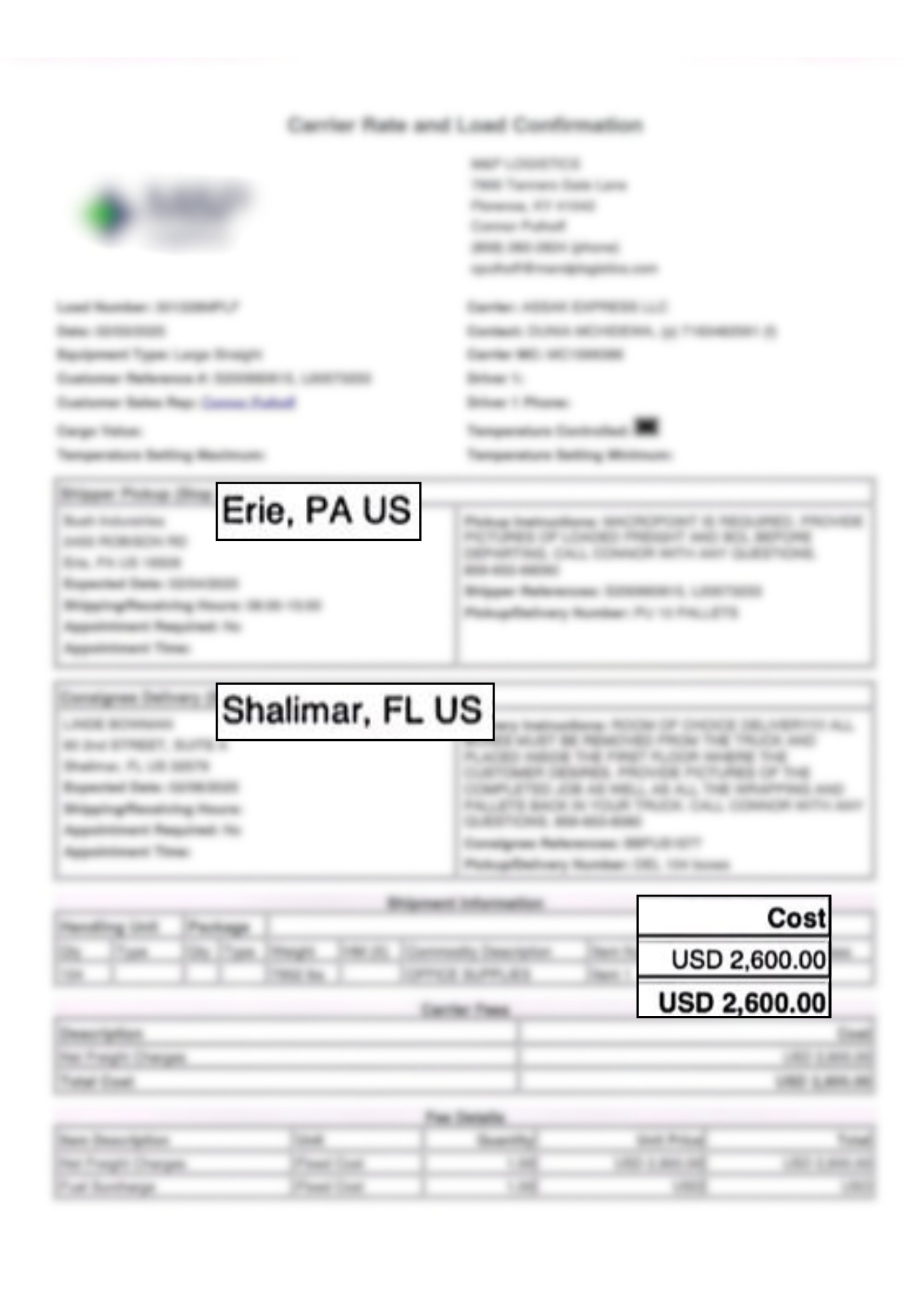 Rate confirmation - $2.47 per mile