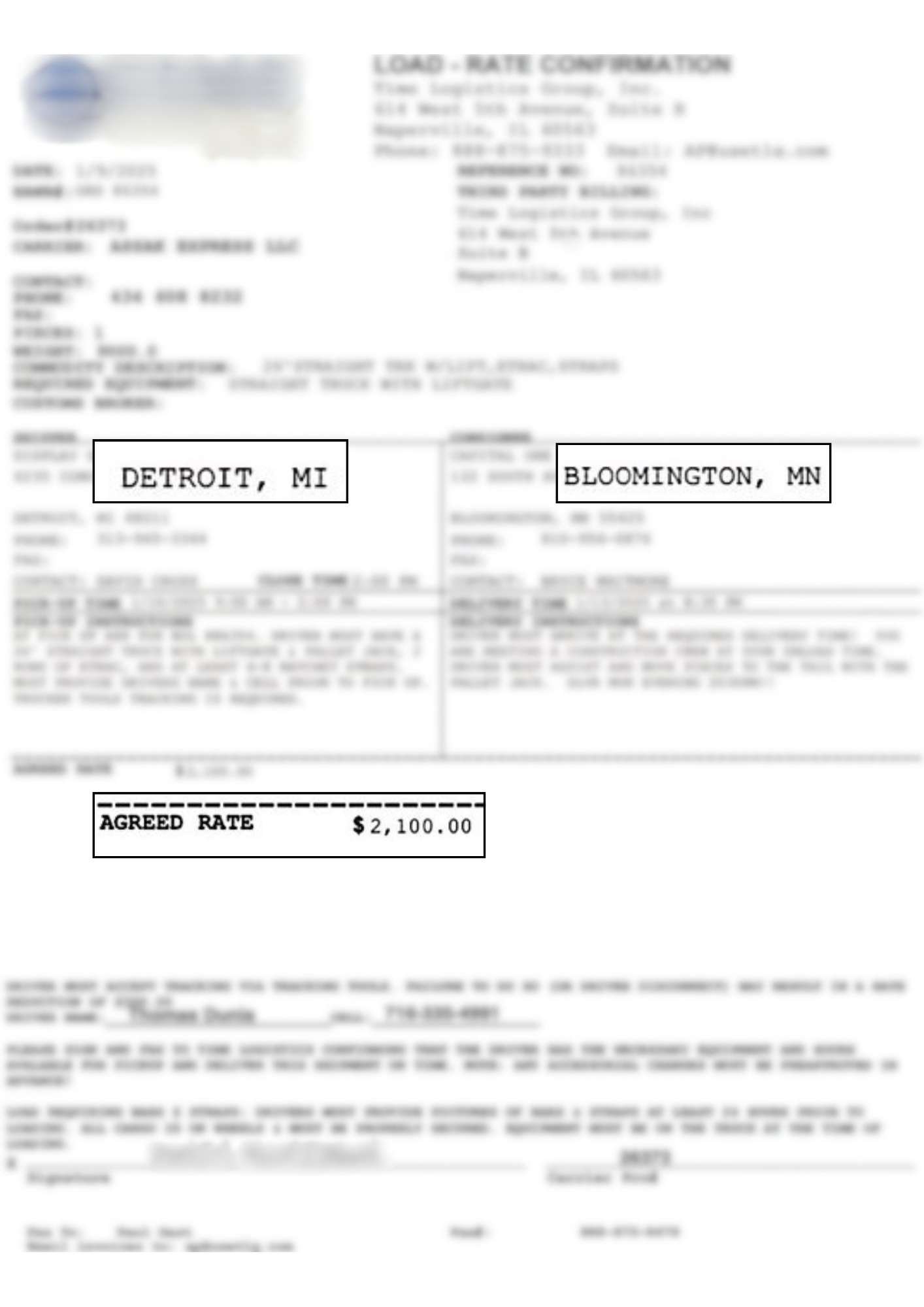 Rate confirmation - $3.01 per mile