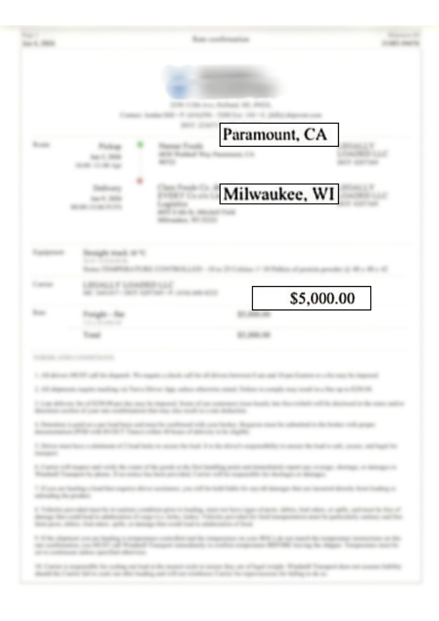 Rate confirmation - $2.43 per mile