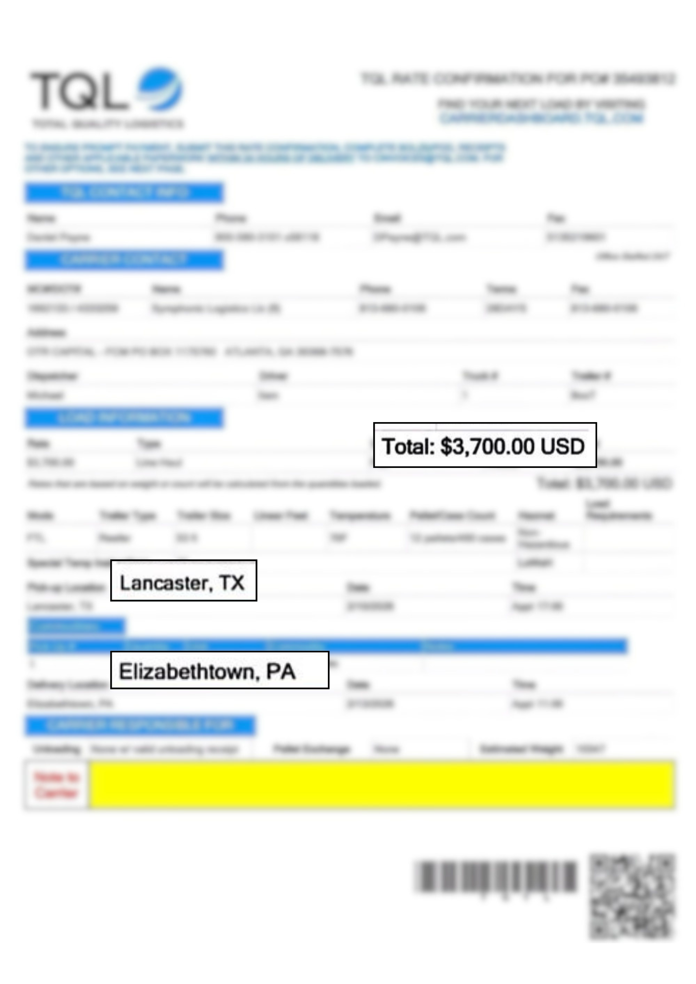 Rate confirmation - $2.62 per mile
