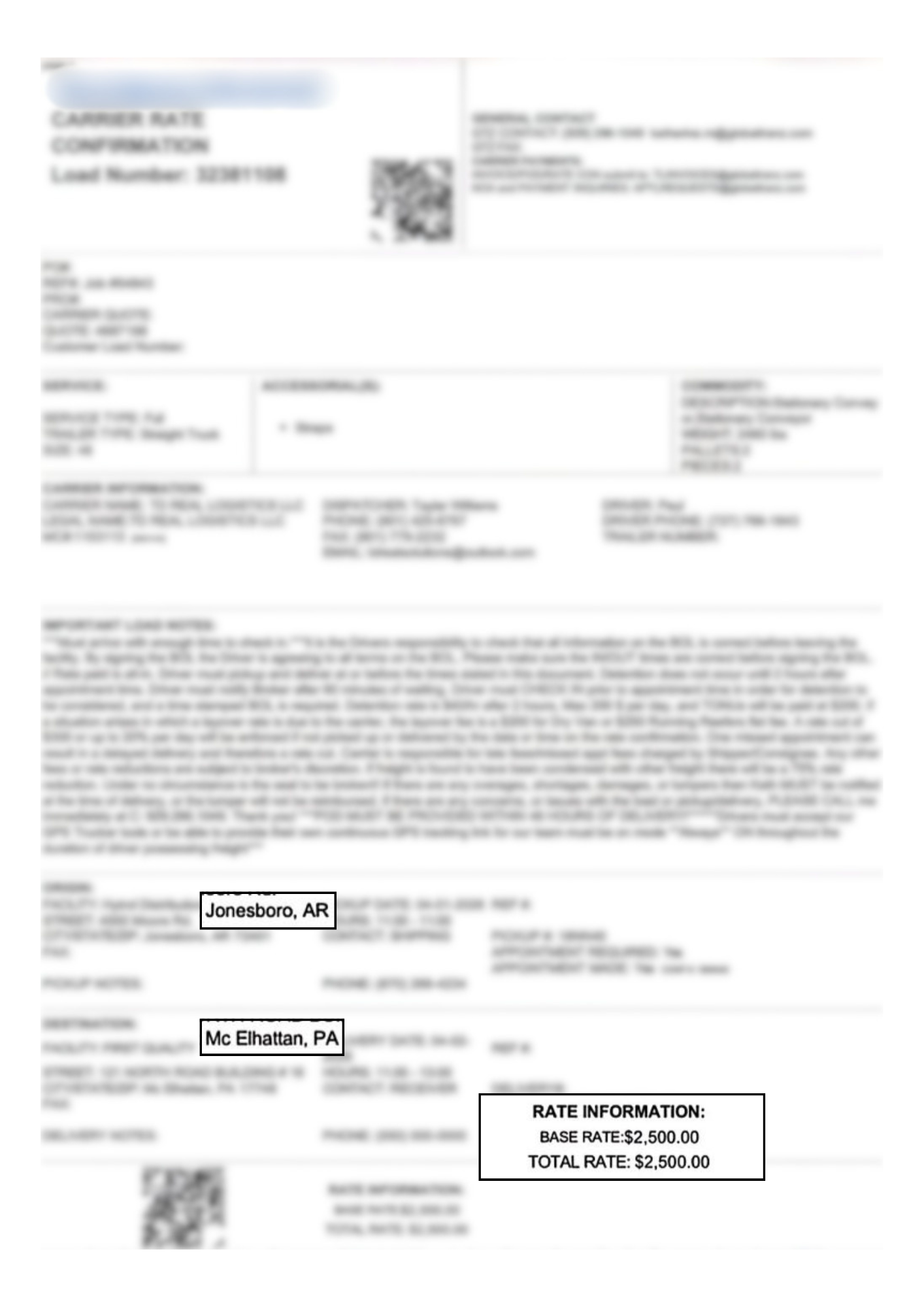 Rate confirmation - $2.32 per mile
