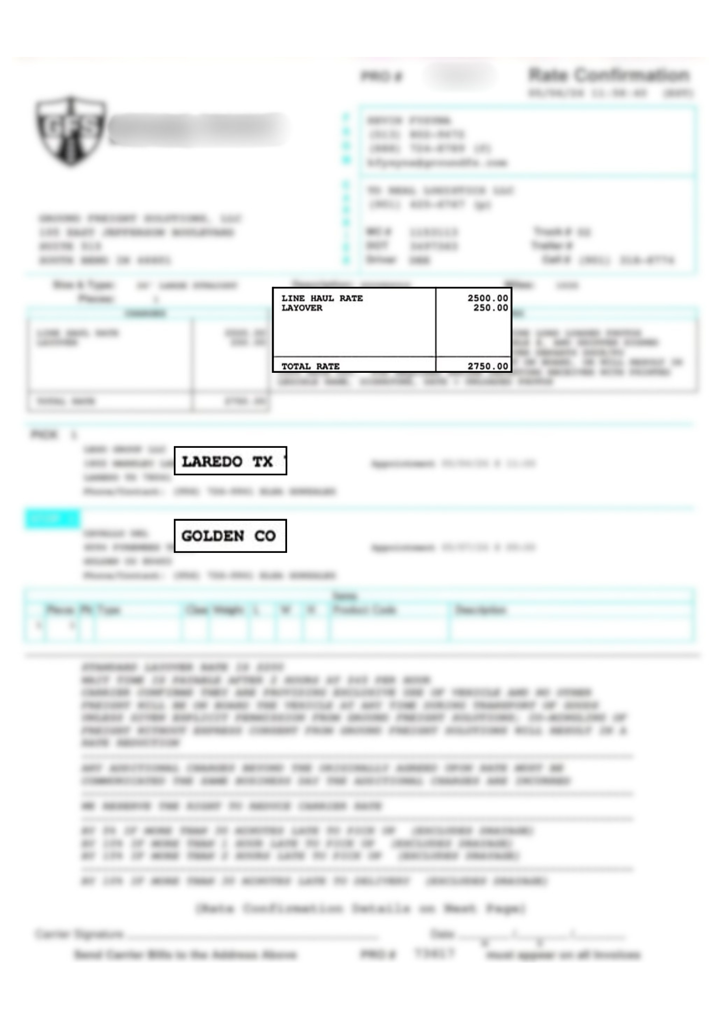 Rate confirmation - $2.40 per mile