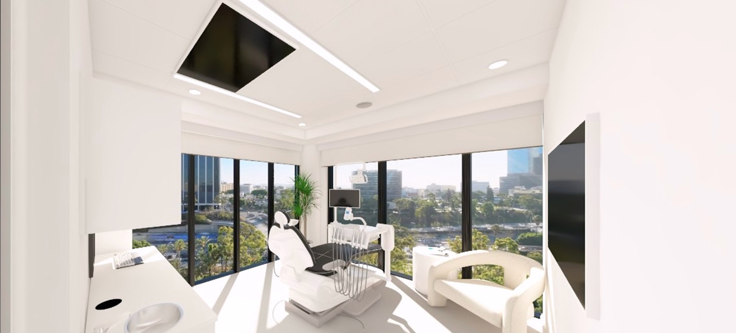 Bright dental office with a chair, large windows, city view, white sofa, and dental equipment.
