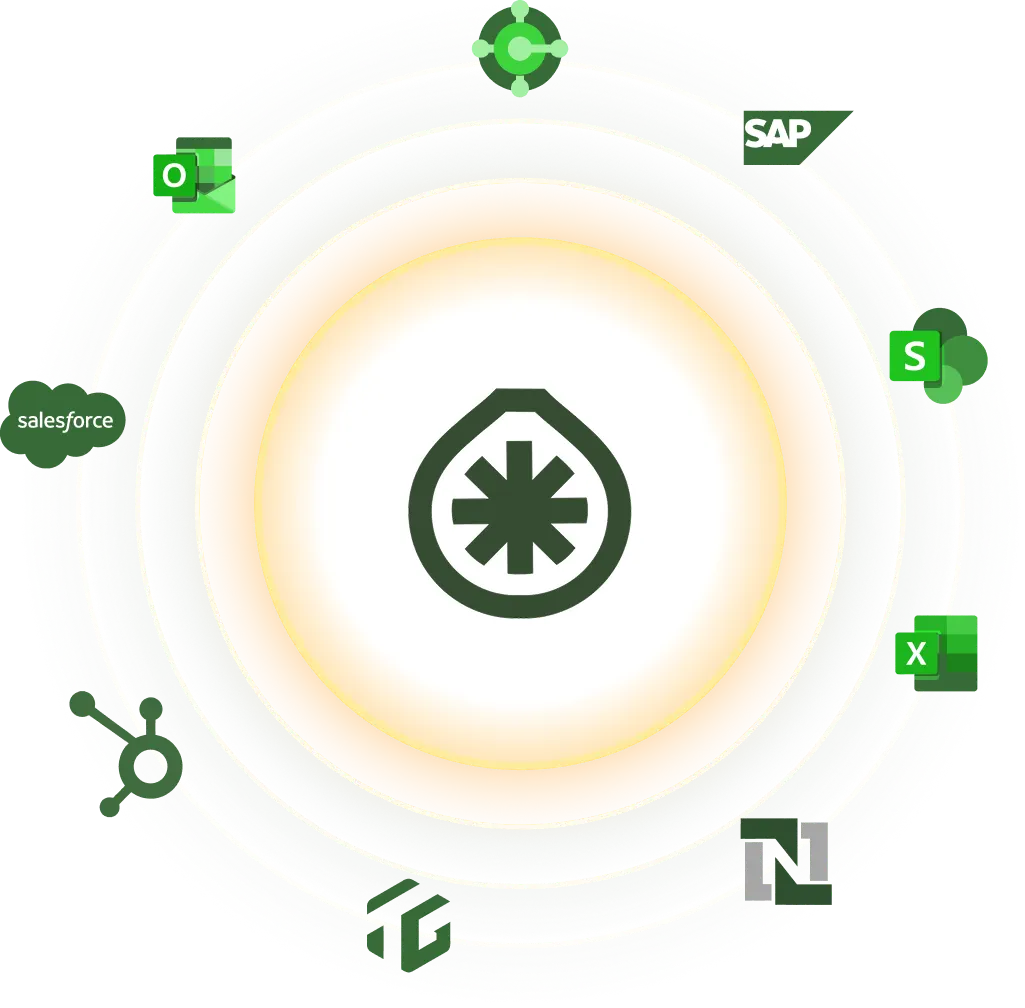 Central flame icon encircled by orange ring with surrounding logos of Microsoft Outlook, Microsoft Dynamics, SAP, SharePoint, Microsoft Excel, NetSuite, ServiceNow, HubSpot, and Salesforce.