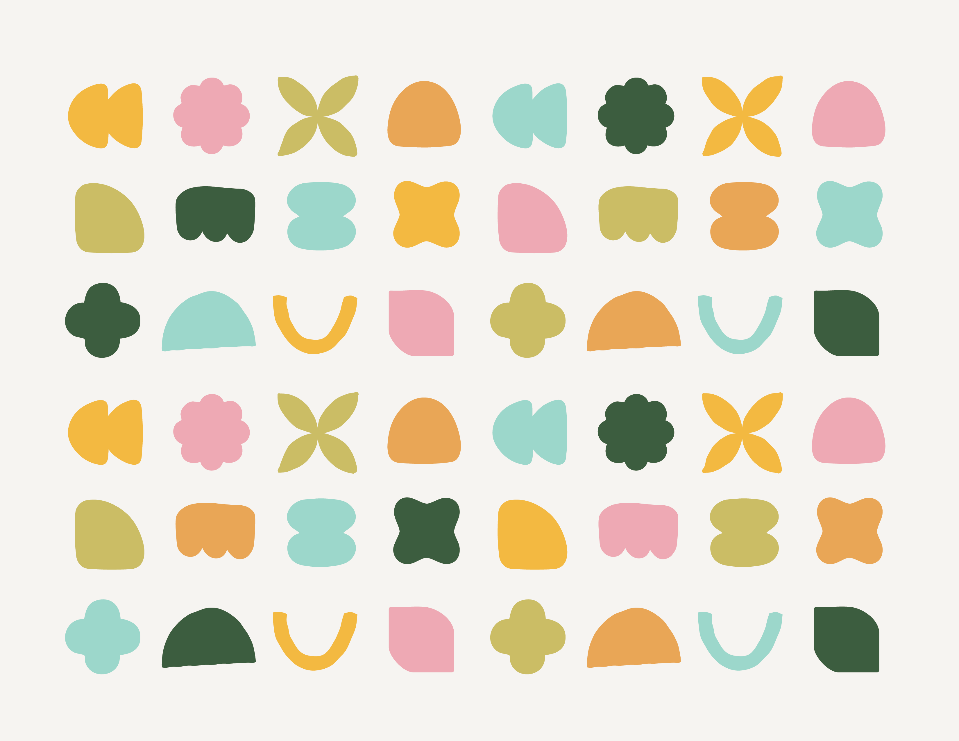 Pattern of colorful abstract floral and geometric shapes arranged in a grid on a light background.