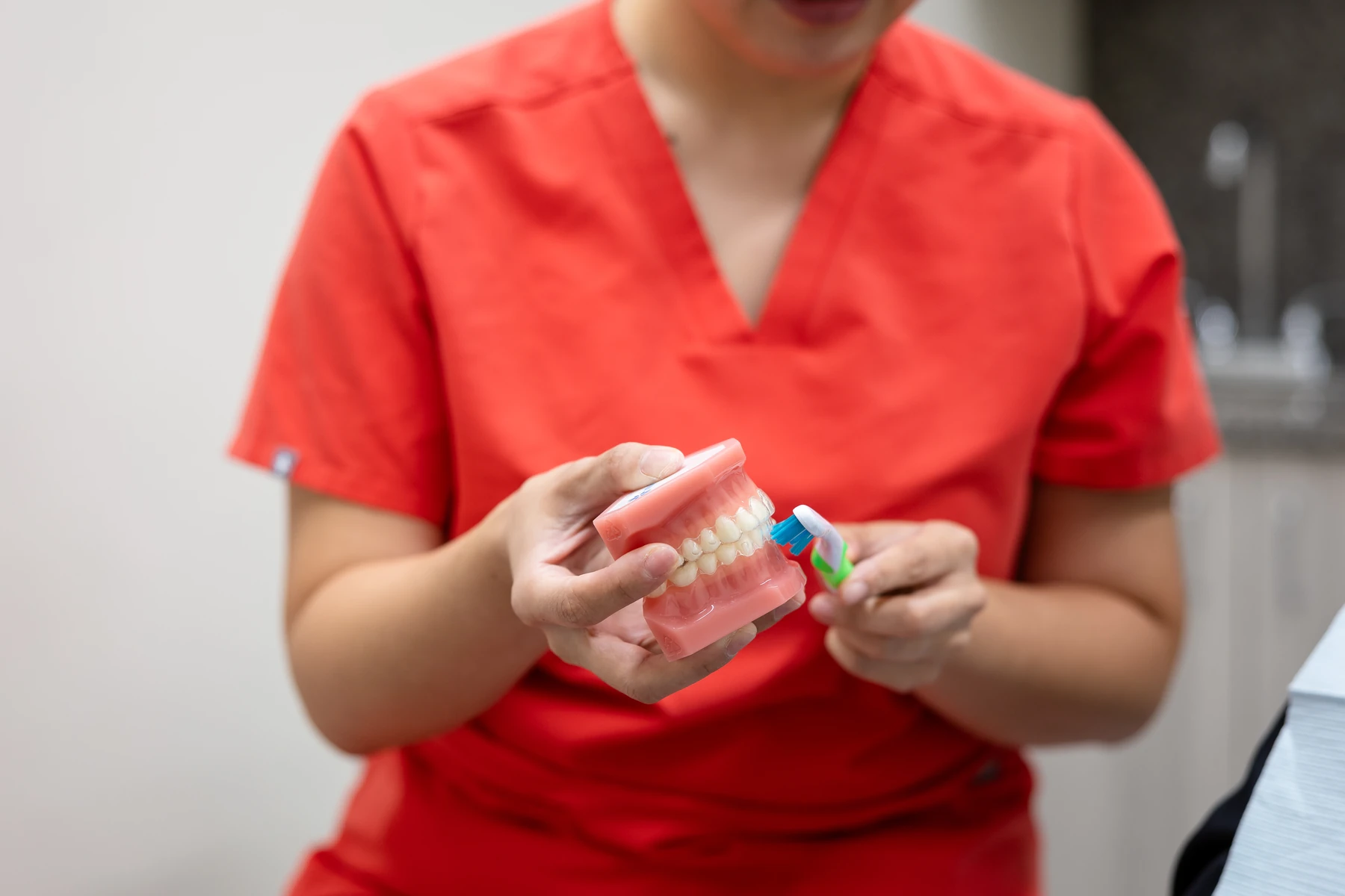 Dental team member demonstrating brushing on a denture model