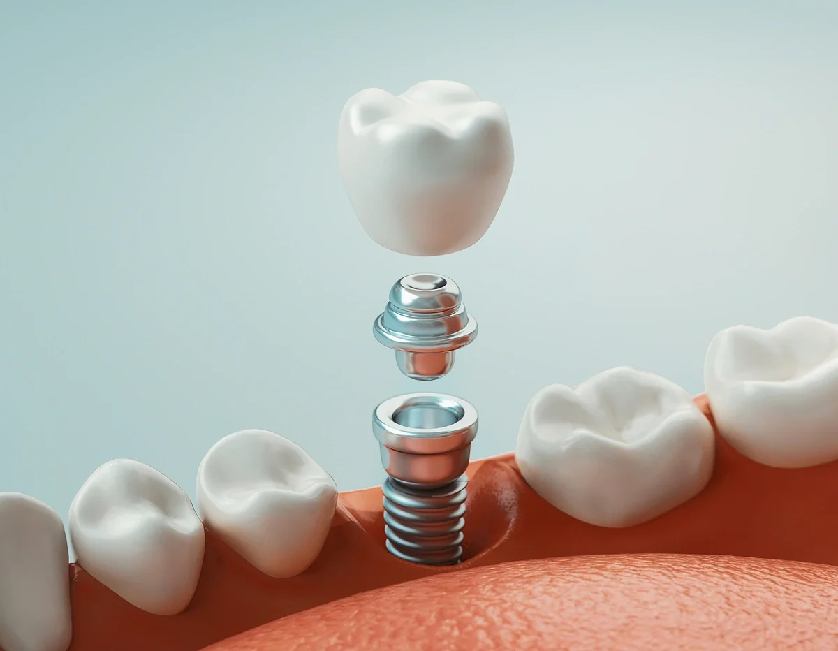 Illustration of a dental implant anchored in the jawbone between natural teeth