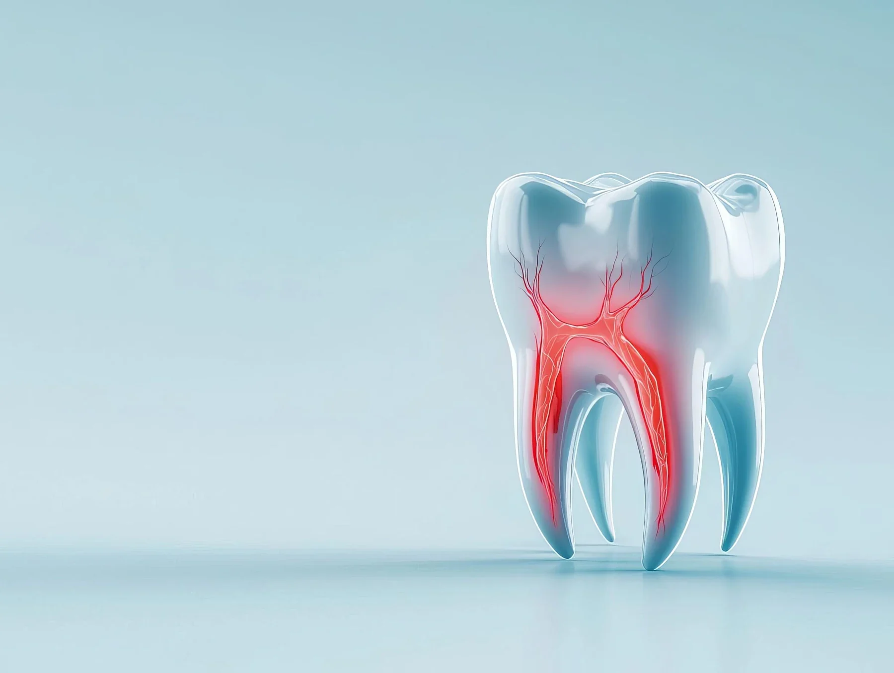 Cross-section illustration of a tooth showing inflamed pulp and root canals