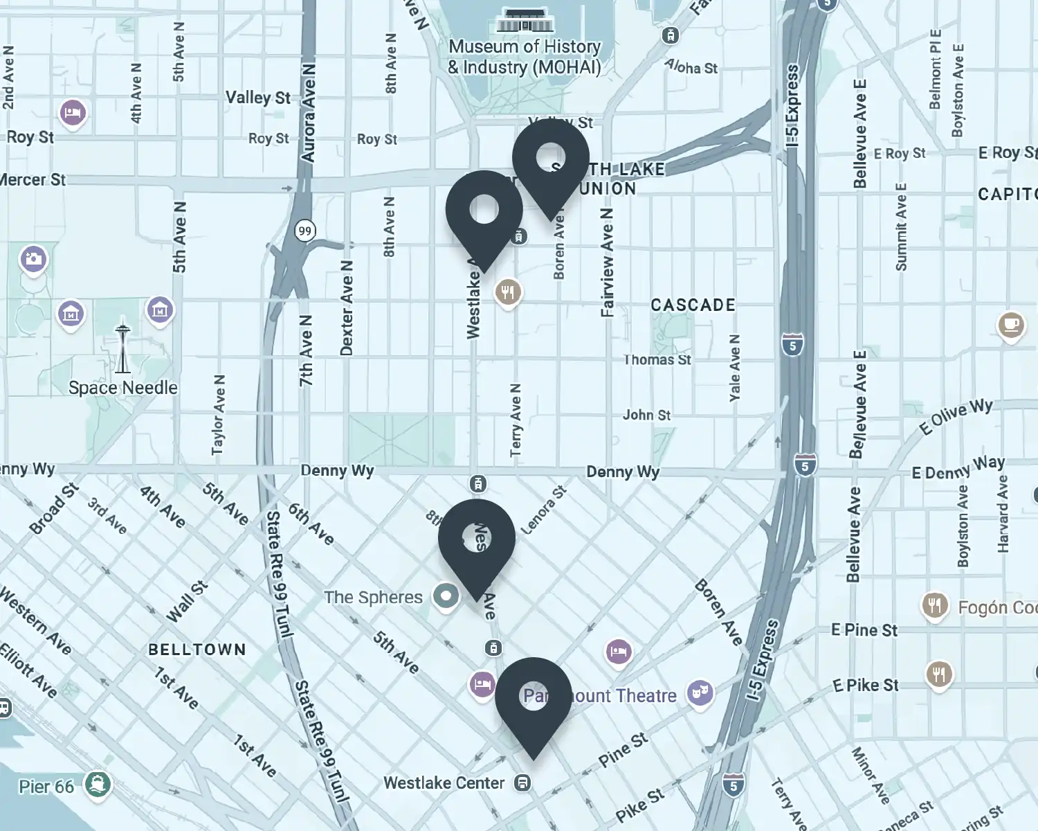 Map of downtown Seattle with pins at the four Downtown Seattle Dental Group practice locations
