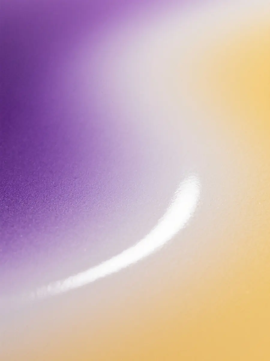 Smooth surface with a gradient reflection blending purple, white, and yellow colors.