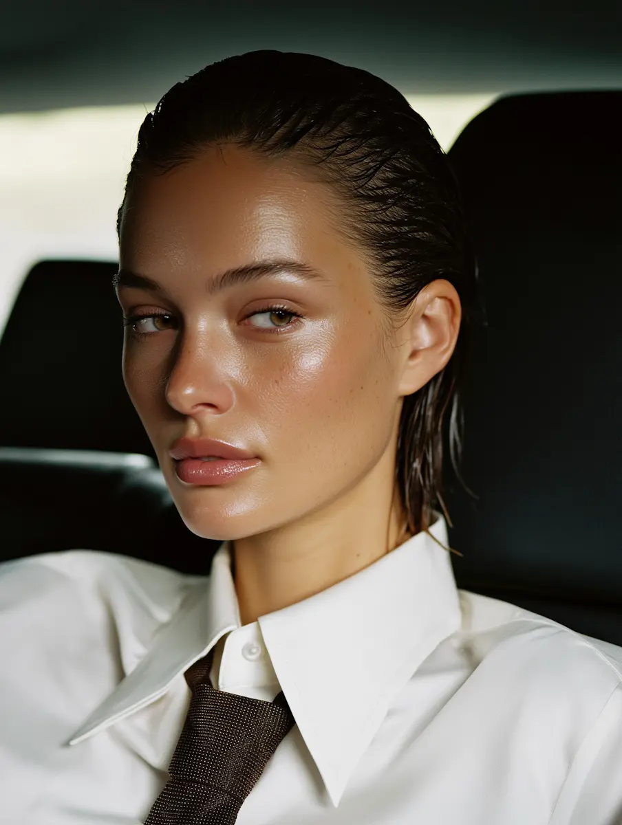 Woman with slicked-back hair in a white shirt and dark tie, sitting against a dark background.
