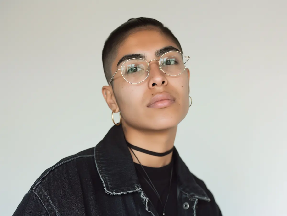 Young person with glasses, short hair, hoop earrings, and a black jacket against a plain background.