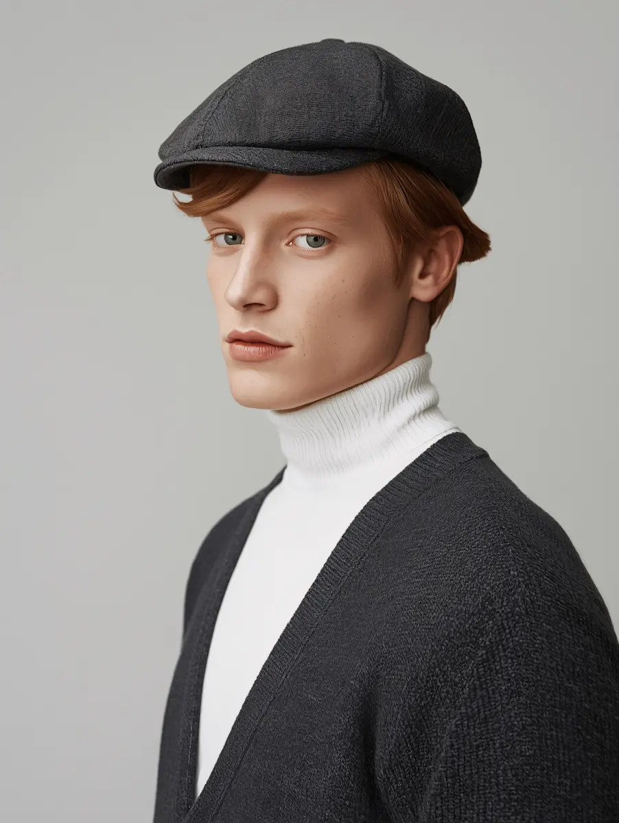 Young man with red hair wearing a black flat cap, white turtleneck, and black sweater.