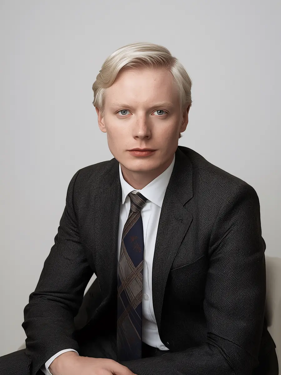 Young person with blonde hair wearing a dark suit and patterned tie against a gray background.