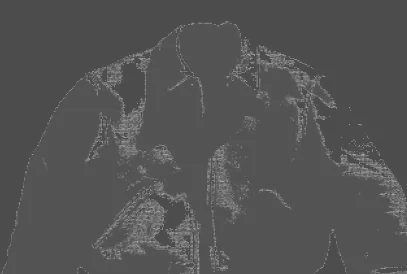 Close-up of apparel with a dark monochrome dithered effect and a blue border.