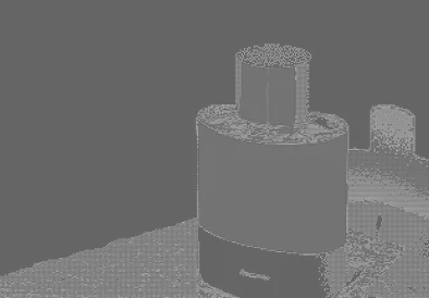 Minimalist dark dithered image of a cylindrical speaker or candle.