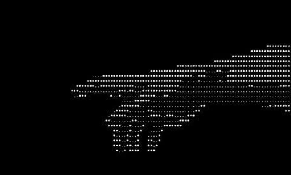 Dotted white pixel art of a handgun on a black background.