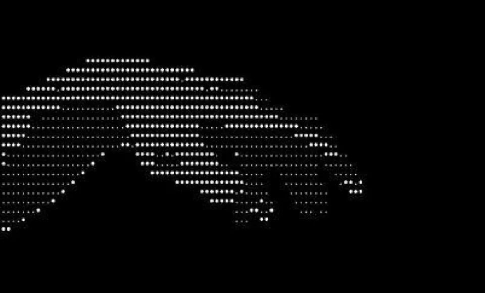 Two pixelated hands in light dots reaching toward each other against a black background.