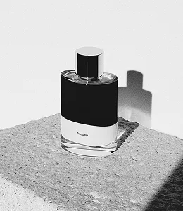 Minimalist black and white photo of a perfume bottle on a stone surface.