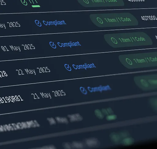 Close-up view of a digital list showing dates, compliant status, and item codes in blue and green text on dark background.