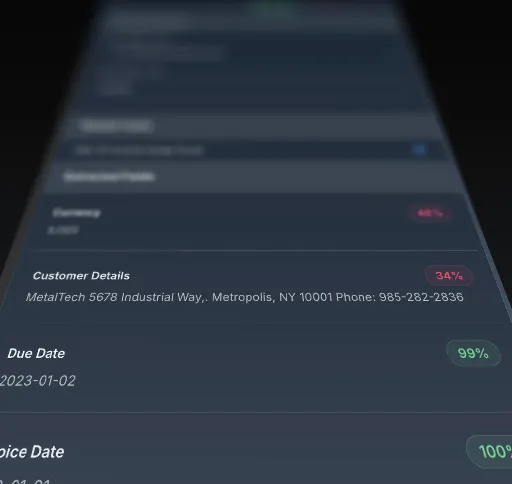 Screen showing customer details with address and phone, due date, and progress percentages in a dark interface.