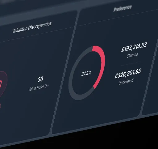 Dashboard showing 37.2% valuation discrepancy with claimed £193,214.53 and unclaimed £326,201.65 amounts.