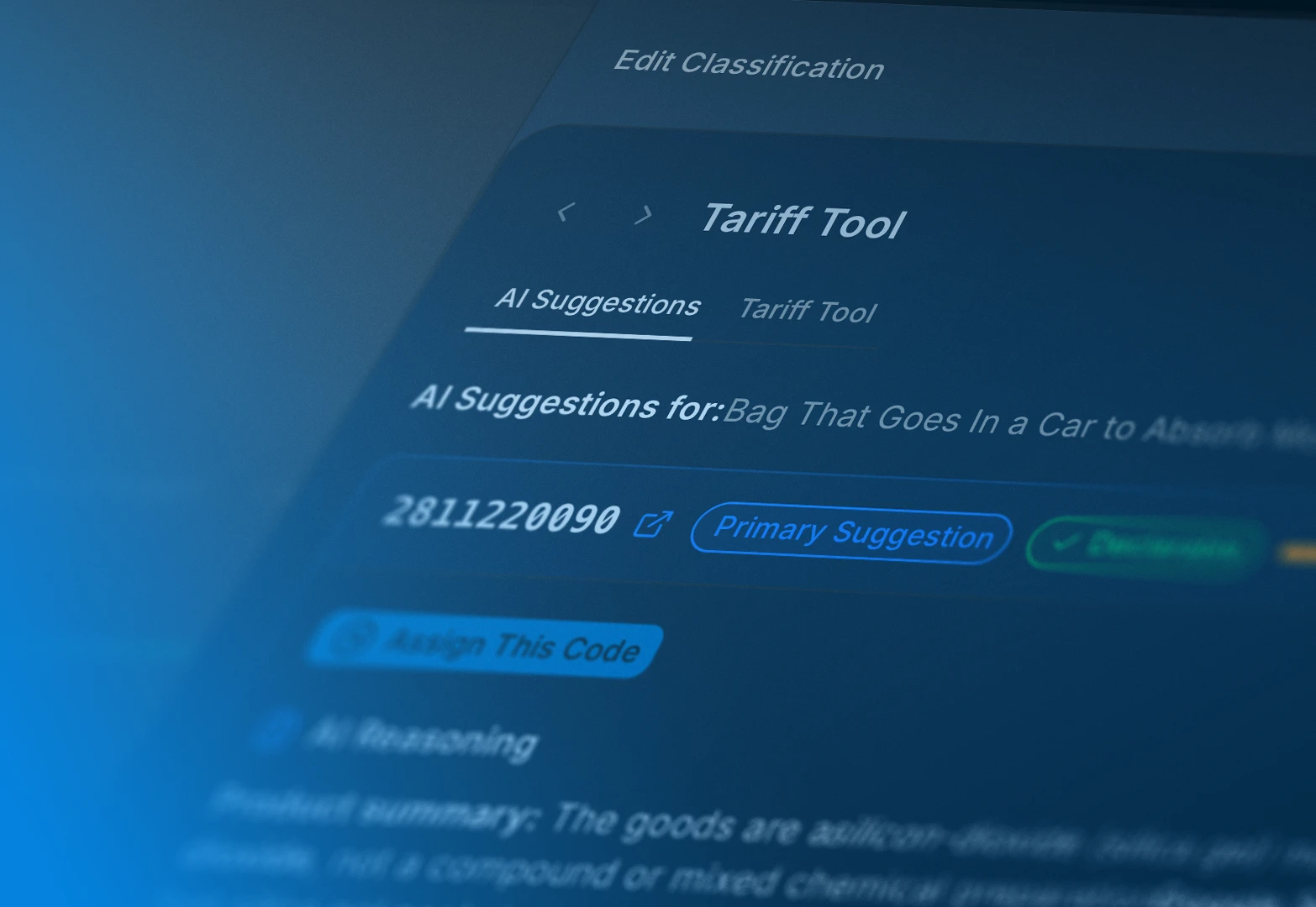 Screen showing an AI tariff tool suggesting classification code 2811220090 for a bag used in a car.