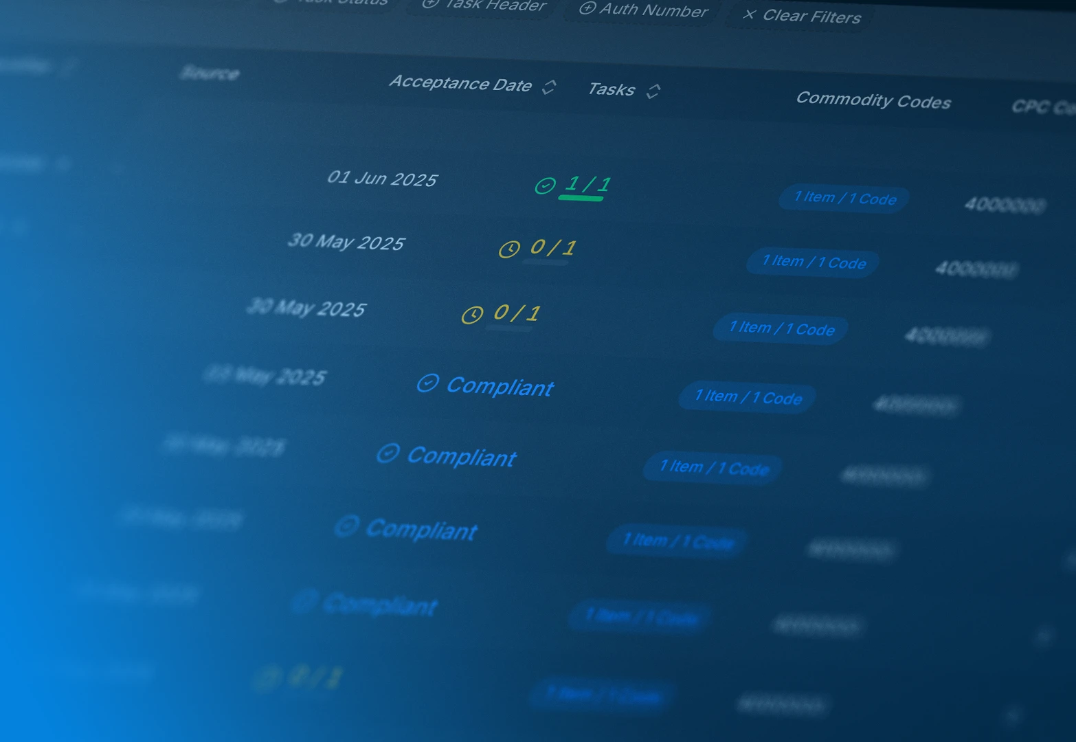 Blurred compliance task list showing acceptance dates, task statuses, and commodity codes in blue and green text.