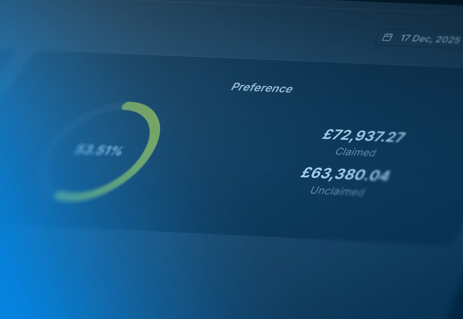 Screen showing financial preference with 58.51% progress and amounts £72,937.27 claimed and £63,380.04 unclaimed.