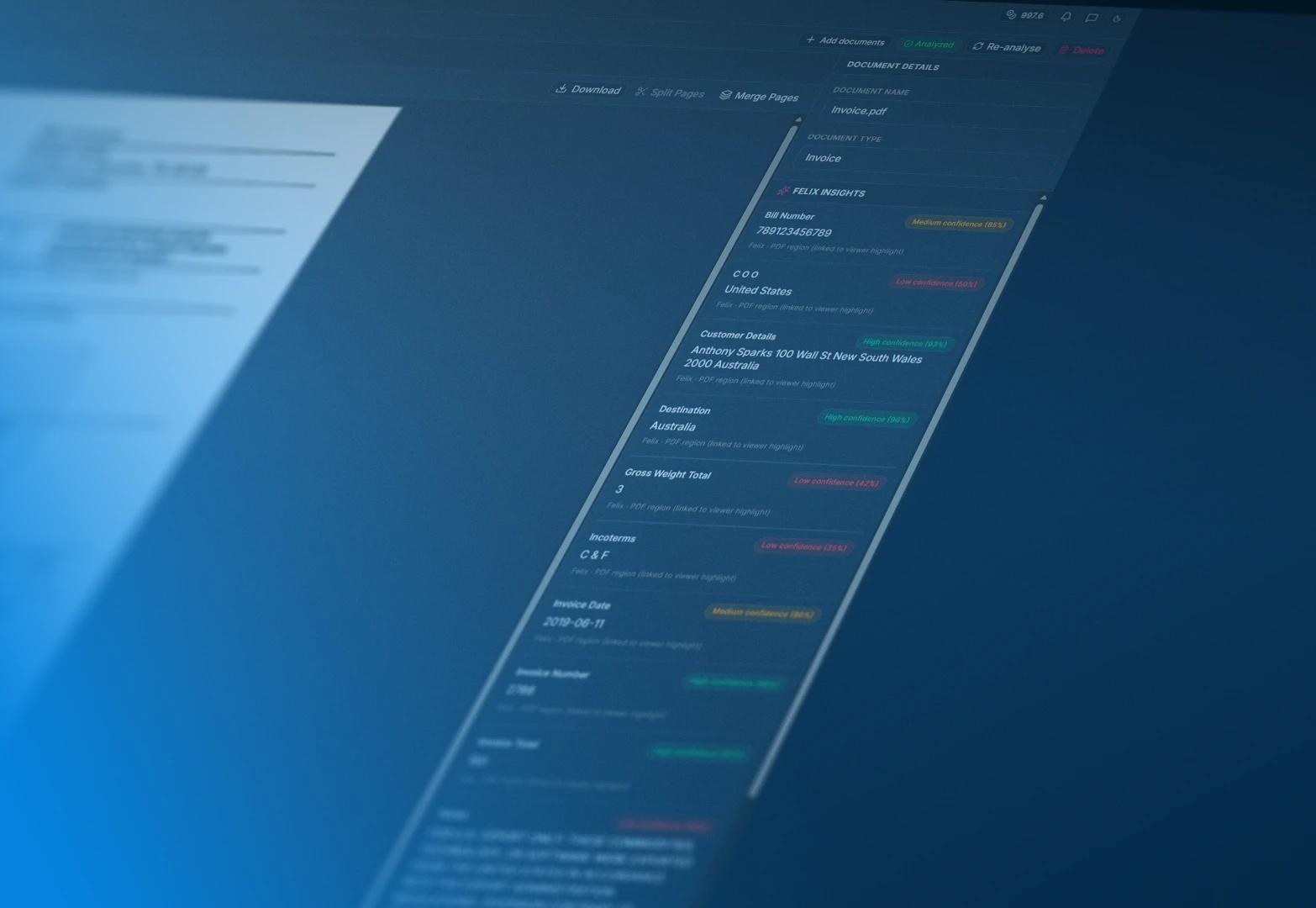 Screen showing document analysis results including bill number, COO, customer details, destination, and confidence levels.