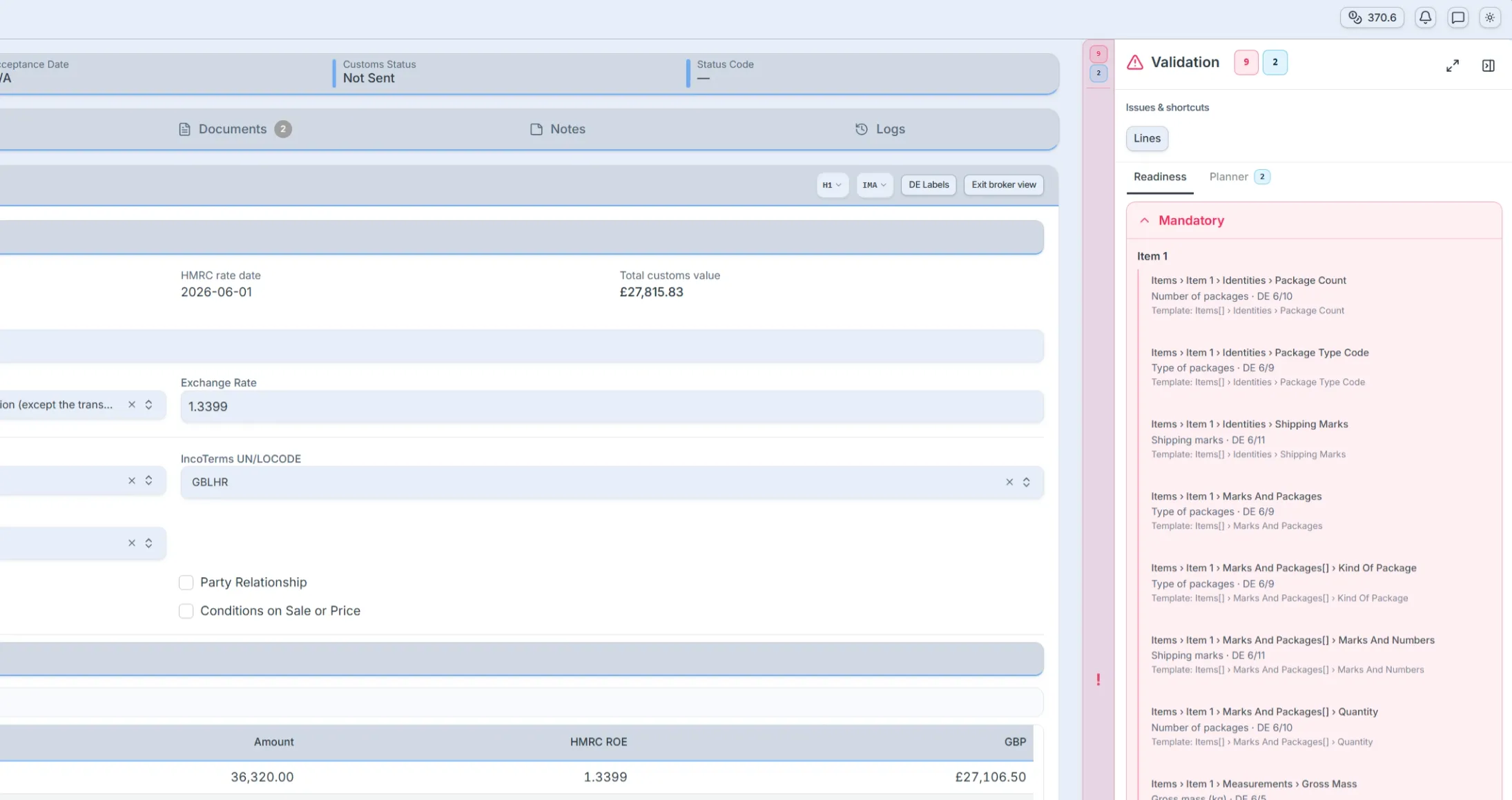 Customs form interface showing HMRC rate date, exchange rate, total customs value, and validation errors.