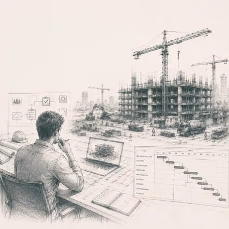 Sketch of a man reviewing construction plans on a laptop with cranes and building under construction outside.