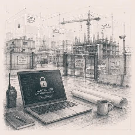 Sketch of construction site with zones, crane, laptop showing access restricted message, walkie-talkie, mug, and blueprints.