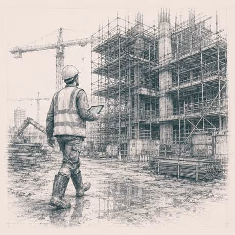 Sketch of a construction worker with a tablet walking on a wet site with cranes and scaffolding.
