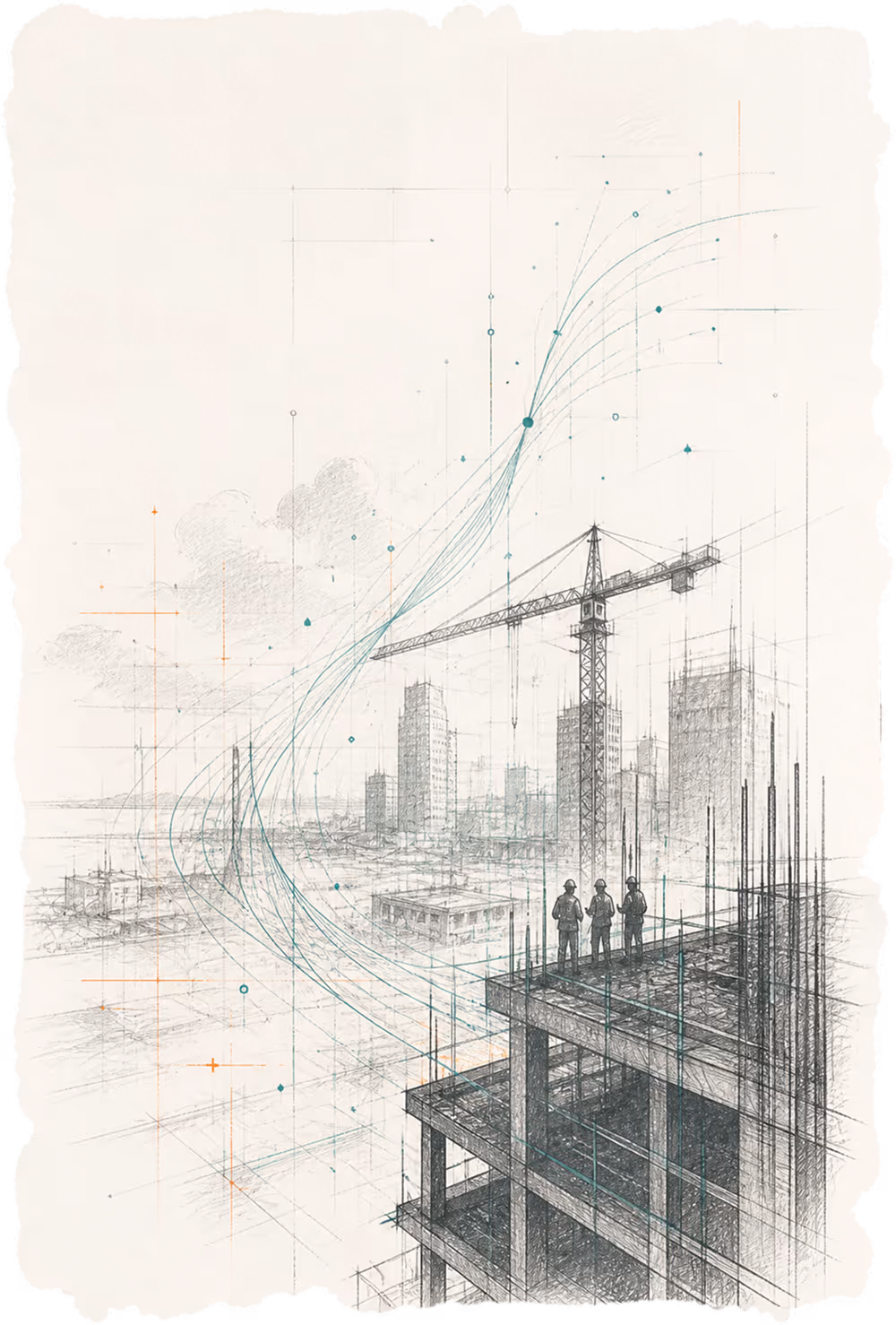 Sketch of a city skyline with construction crane and workers on a building under construction.