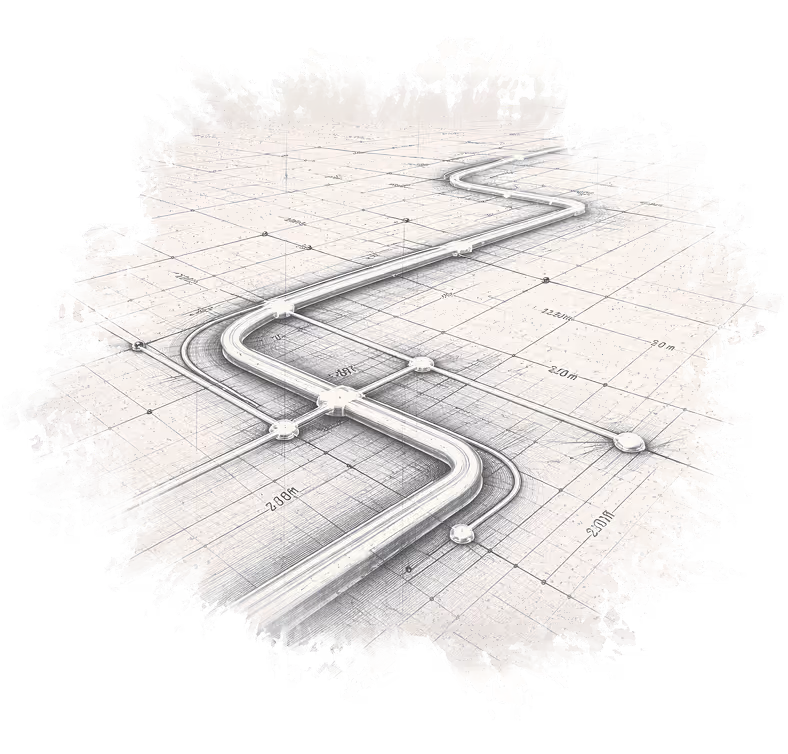 Technical drawing of a winding pipeline layout with measurements and connection points on a grid.