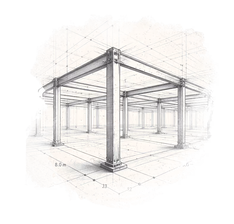 Architectural sketch of steel column and beam structure with grid measurements and perspective.