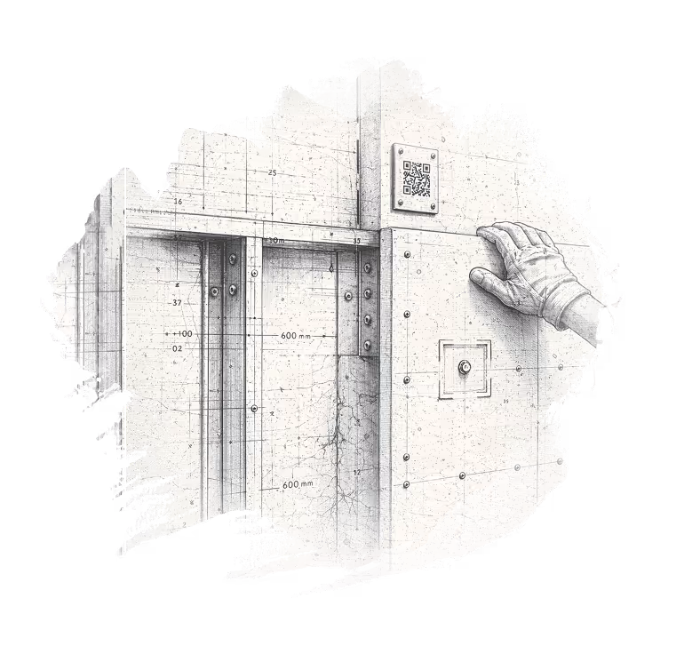 Hand in a glove touching a technical drawing of a bolted metal structure with measurements and a QR code.