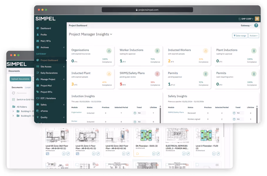 User interface showing documents list with details and project status on a digital project management platform.